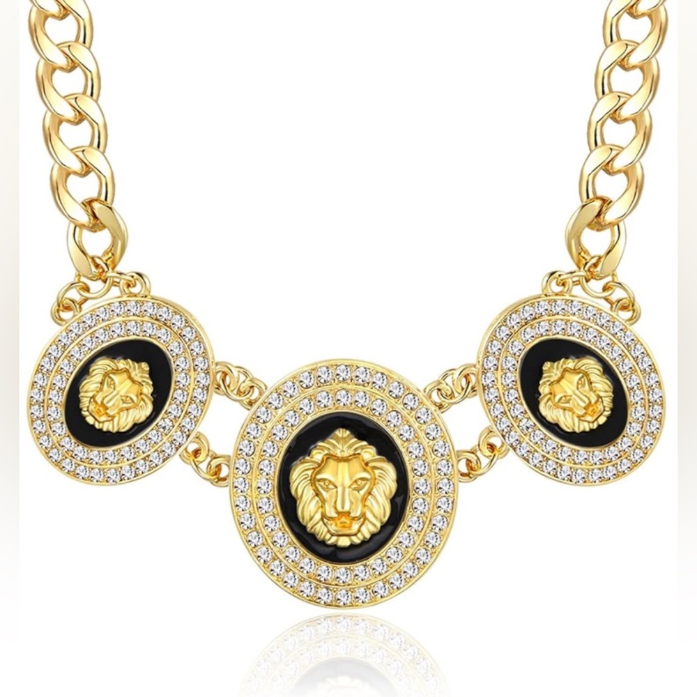 Gold Lion Crystal Rhinestone Pendant Necklace